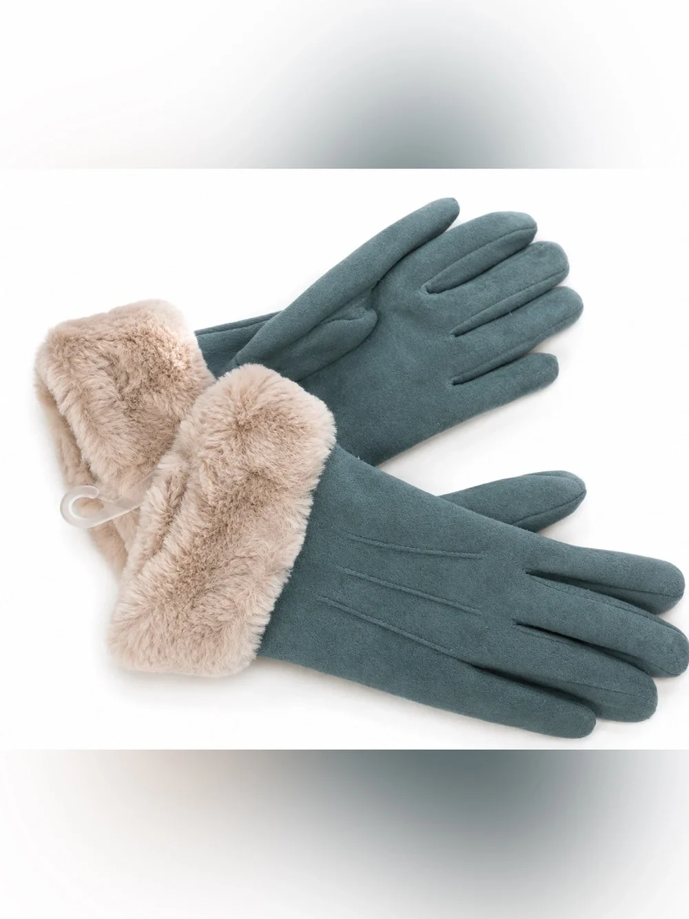 Women’s Sage Faux Suede Winter Gloves Faux Fur Cuffs Soft Warm Touchscreen Style